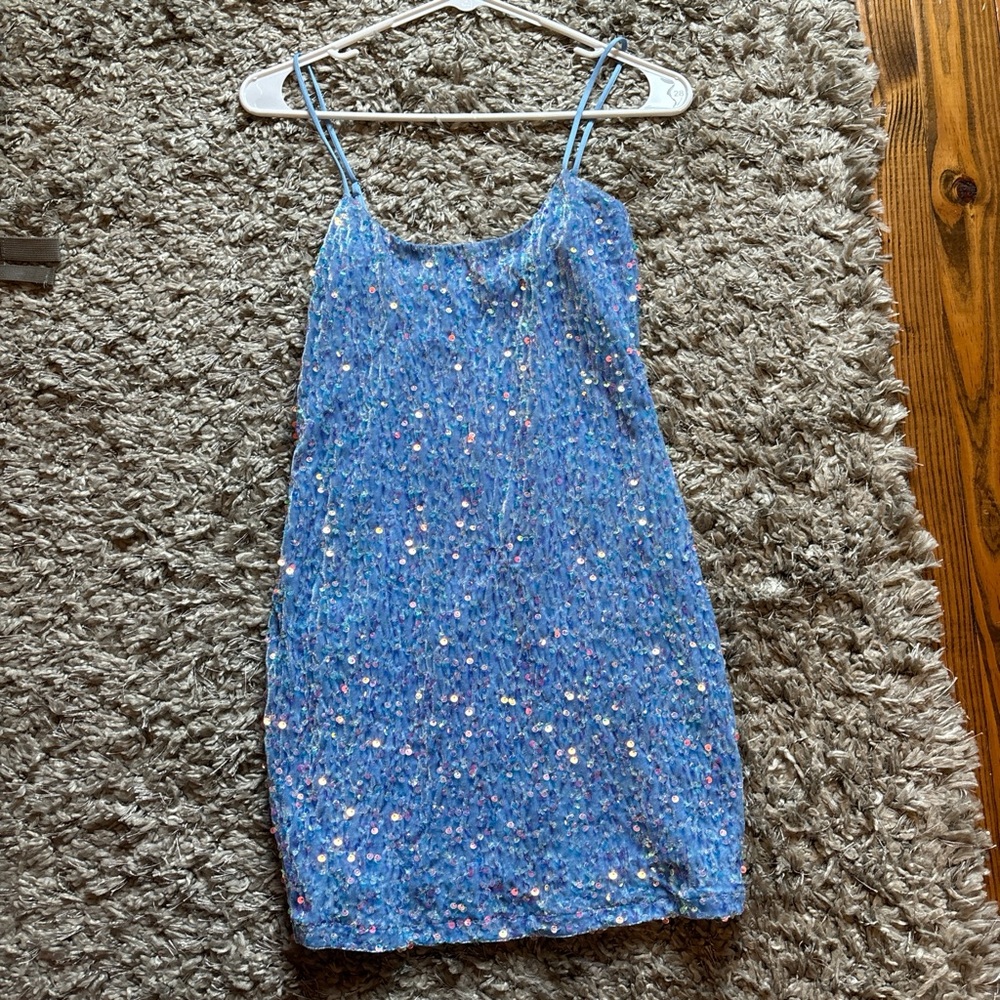 lucy in the sky blue shimmery mini homecoming dress